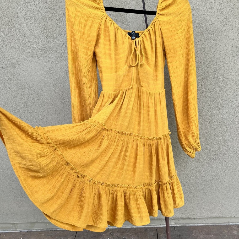 Lulus Deep Mustard Yellow Crinkle Fabric Tiered Mini Dress Long Sleeve XS Boho
